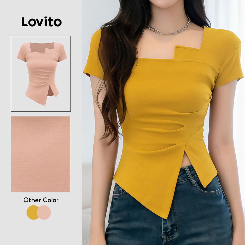 Lovito เสื้อยืดลําลองผู้หญิง สีเหลืองขมิ้น แบบคอแบ่งหน้าไม่สมมาตร แขนสั้น สําหรับฤดูใบไม้ผลิ/ฤดูร้อน