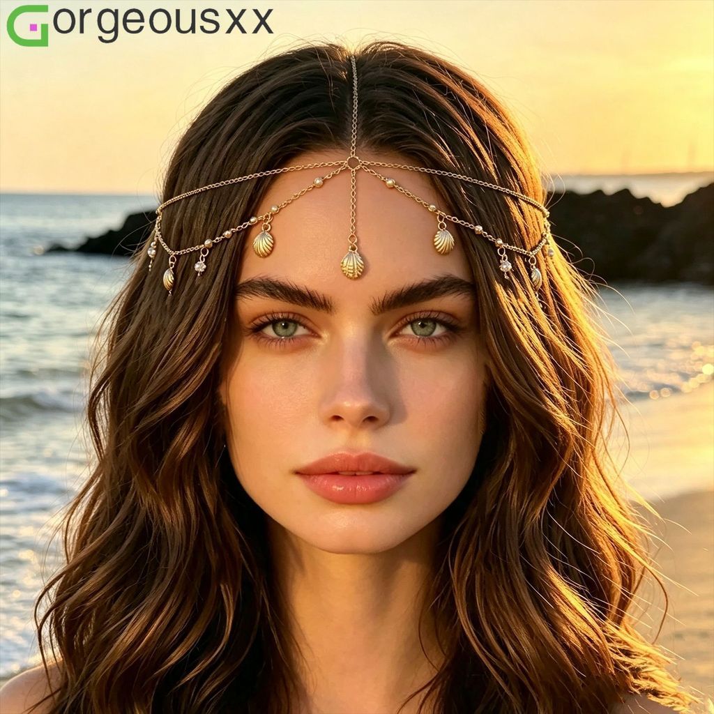 [Gorgeousxx] Bohemian Fashion Shell Rhinestone Pendant Hair Chain สําหรับผู้หญิงเครื่องประดับสไตล์แป