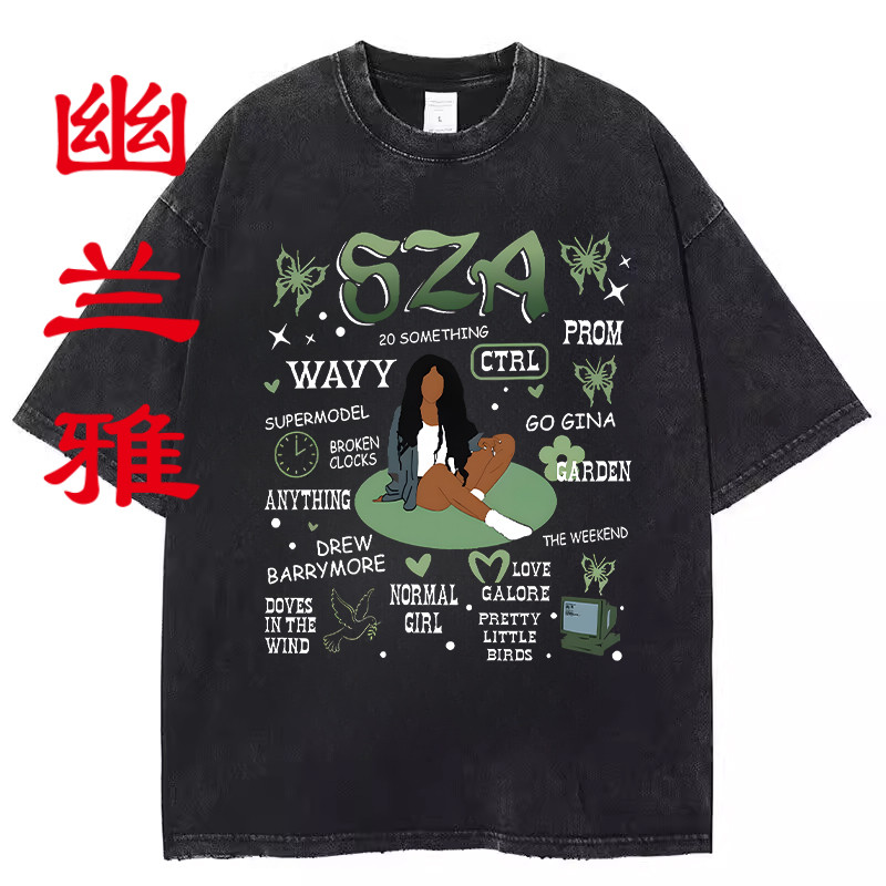 Rapist SZA พิมพ์เสื้อยืดแขนสั้น oversize Retro ล้างสีดํา Distressed Hip-Hop High Street รอบคอด้านบน