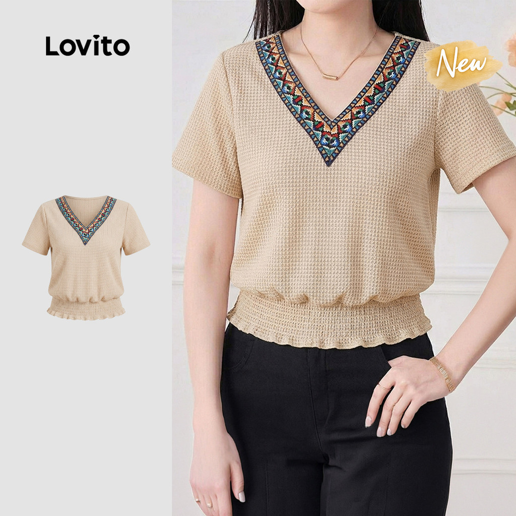 (New Arrival) Lovito เสื้อยืดลําลองผู้หญิง คอกระลาสี เทปคอสม็อค สีคากี สําหรับฤดูใบไม้ผลิ/ฤดูร้อน TS