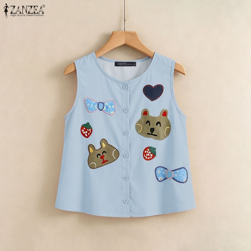 ZANZEA ผู้หญิงเกาหลีเรียบง่ายแขนกุดคอกลมหลวมการ์ตูนพิมพ์ Tank Tops — صورة 6