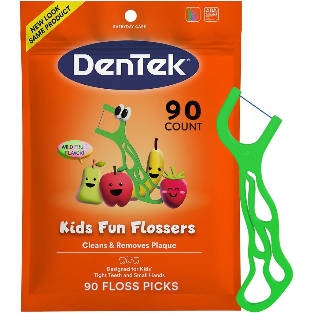 DenTek Fun Flossers – ไม้จิ้มฟันไหมขัดฟันสําหรับเด็กที่มีรสผลไม้ป่า 90 นับ