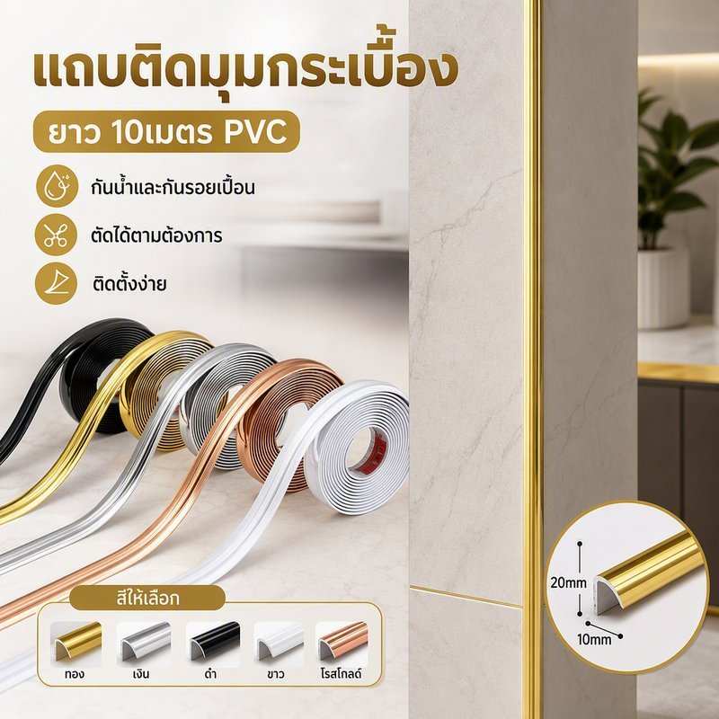 แถบติดมุมกระเบื้อง PVC กาวในตัว กันน้ำ ตัดได้ รูปตัว L ตกแต่งขอบผนัง ขอบโต๊ะ สีทอง ดำ ขาว เงิน