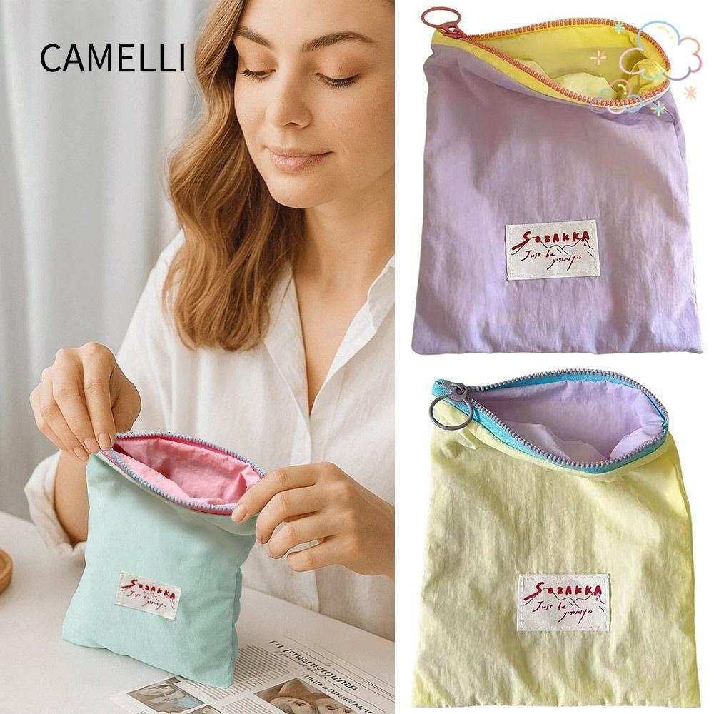 กระเป๋าเครื่องสําอาง CAMELLI กระเป๋าใส่เหรียญสีทึบซิปอุปกรณ์การเดินทางกระเป๋าสตางค์ผ้าแบบพกพาขนาดเล็กกระเป๋าเก็บลิปสติก
