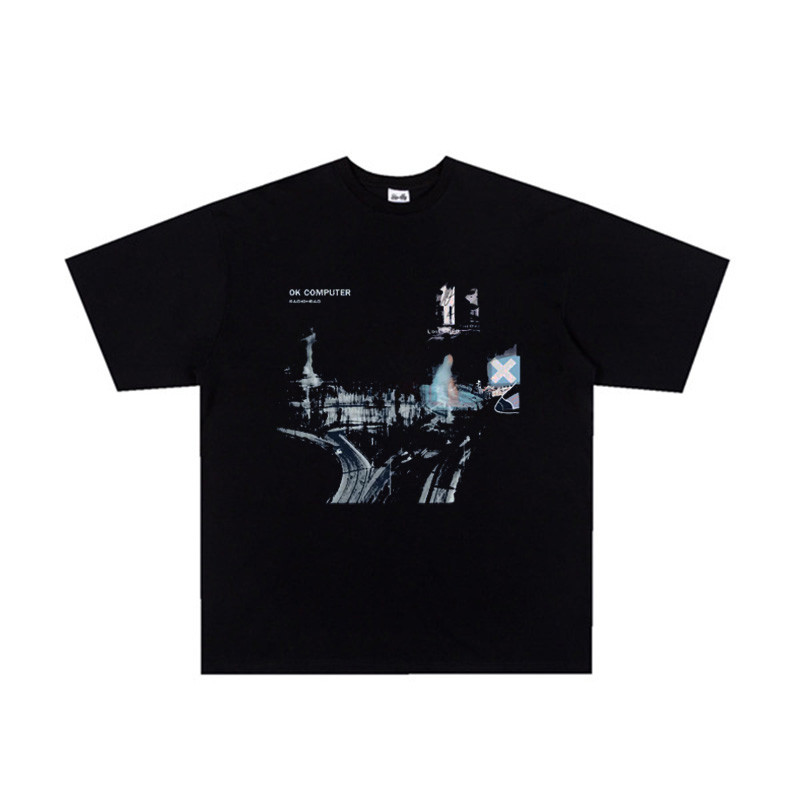 Radiohead Band Retro American Street Casual vtg Dropped ไหล่หลวมรอบคอ Rock เสื้อยืดแขนสั้น