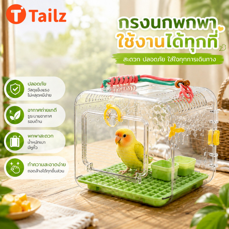 Tailz กระเป๋าใส่นกพกพา กรงนกเดินทาง มองเห็นรอบด้าน ถอดออกได้ สำหรับนกแก้ว เลิฟเบิร์ด หงส์หยก
