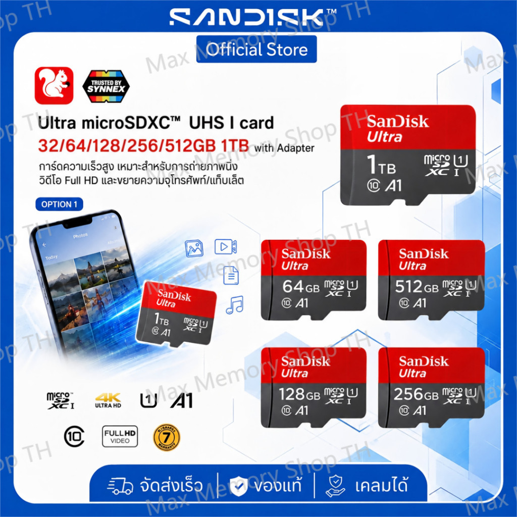 SanDisk Ultra Micro SD Card 32GB-1TB A1 U1 C10 เมมโมรี่การ์ด สำหรับโทรศัพท์ แท็บเล็ต