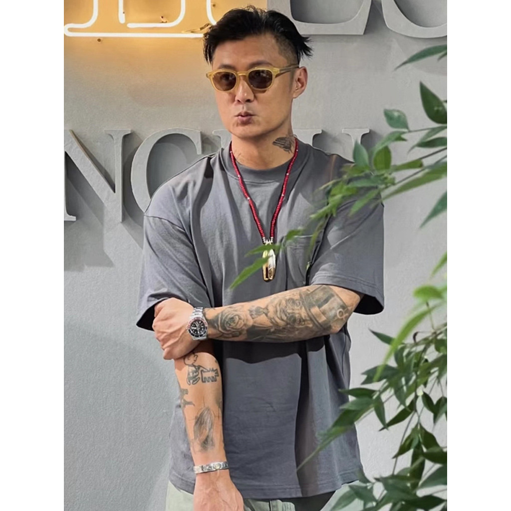 25SS Street Wear MDNS Shawn Yue Pocket เสื้อยืดผู้ชายพิมพ์รอบคอญี่ปุ่นสบายๆหลวม Simple Heavy แขนสั้น