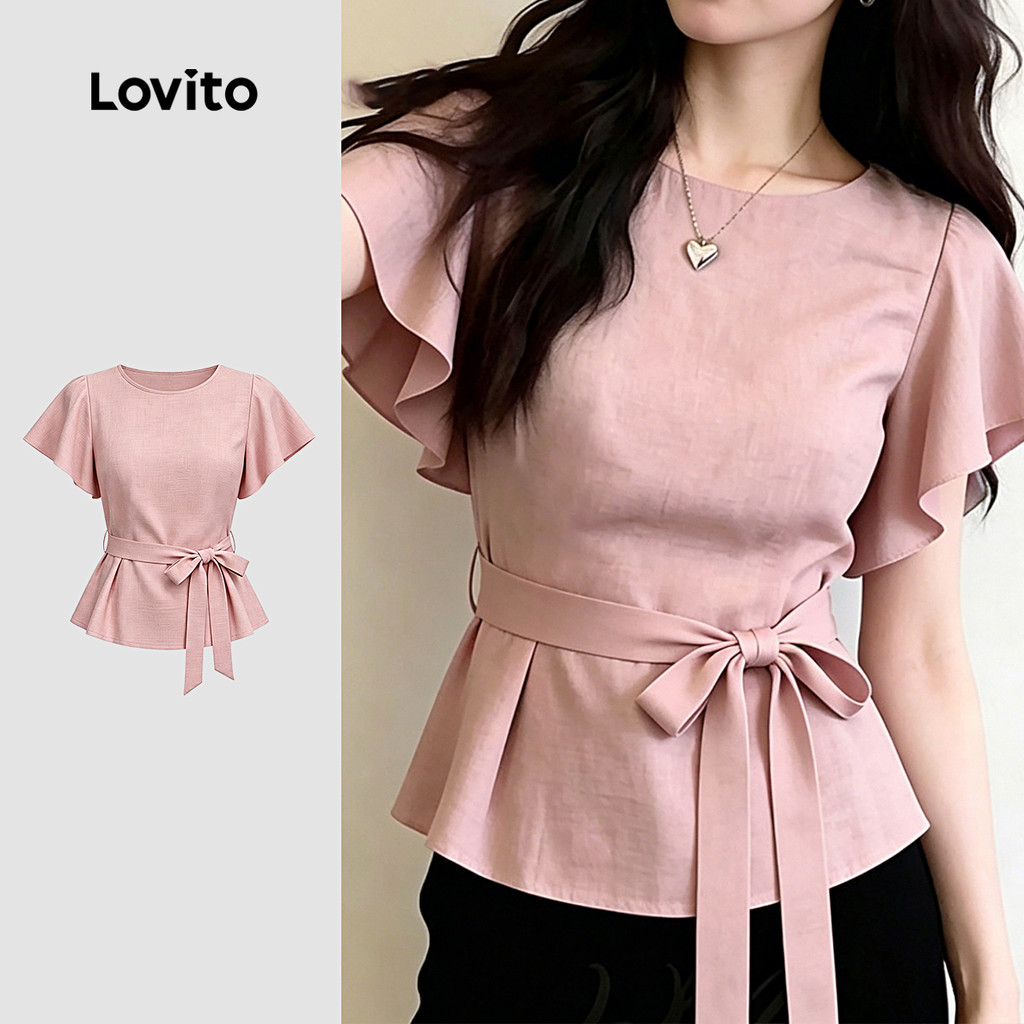 (New Arrival) Lovito เสื้อเบลาส์หรูหราสไตล์เกาหลี สวมใส่ได้ในชีวิตประจำวัน สีชมพูสวยงาม เหมาะสำหรับฤ