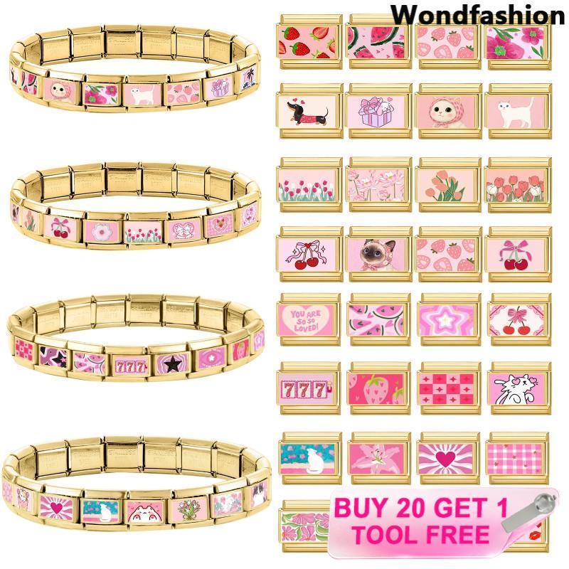 สร้อยข้อมือสแตนเลส ก้างสีทอง พิมพ์ลายสีชมพู ขนาด 9 มม. เครื่องประดับสไตล์วินเทจ เพิ่มบุคลิกภาพแบบอิตาลี