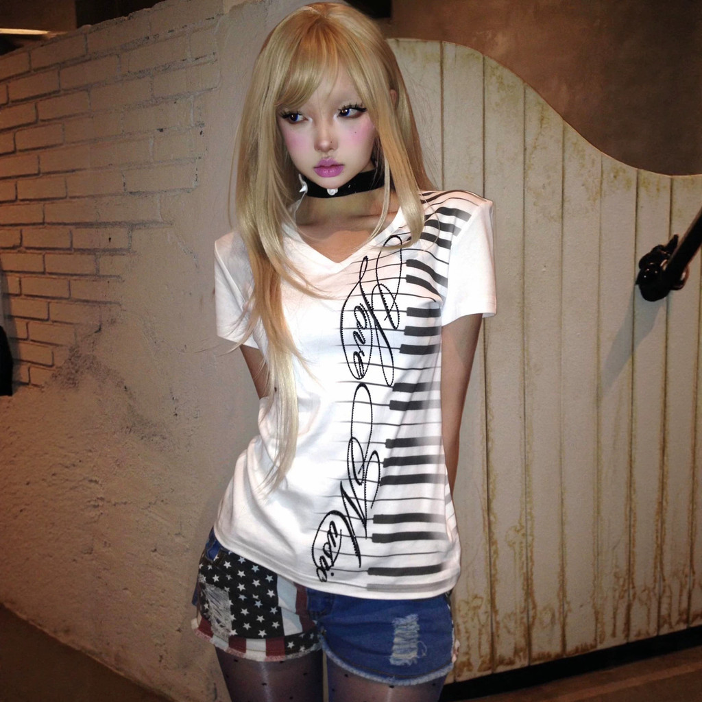 Asian Culture Street V คอของแท้ไหล่แขนสั้นเสื้อยืดผู้หญิงฤดูร้อนพิมพ์สั้นสไตล์ y2k สไตล์เอเชีย Top P