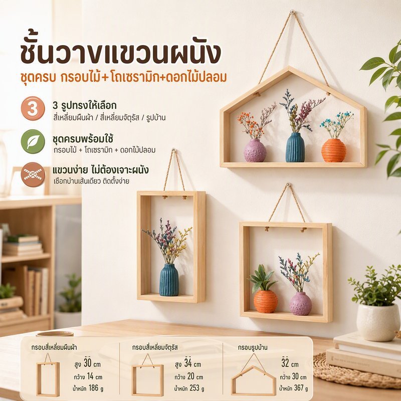 COD ชั้นวางแขวนผนัง มาพร้อมโถเซรามิกและดอกไม้ปลอม ไม่ต้อง ซื้อแยก ติดตั้งง่าย ชั้นวางดอกไม้แขวนผนังไม้