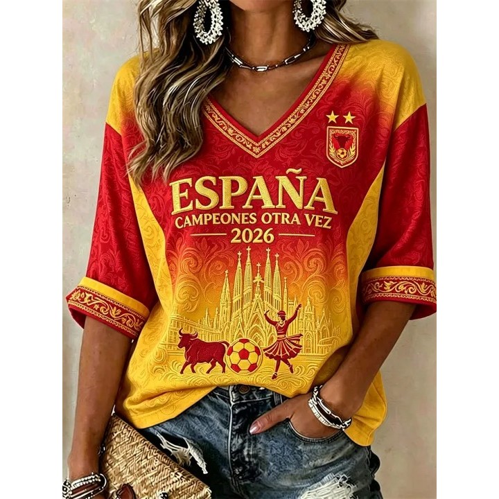 ผู้หญิง V คอ 3/4 เสื้อยืด, Espana Campeones Otra Vez 2026 Gradient Red-Yellow Bull Dancer Cathedral 