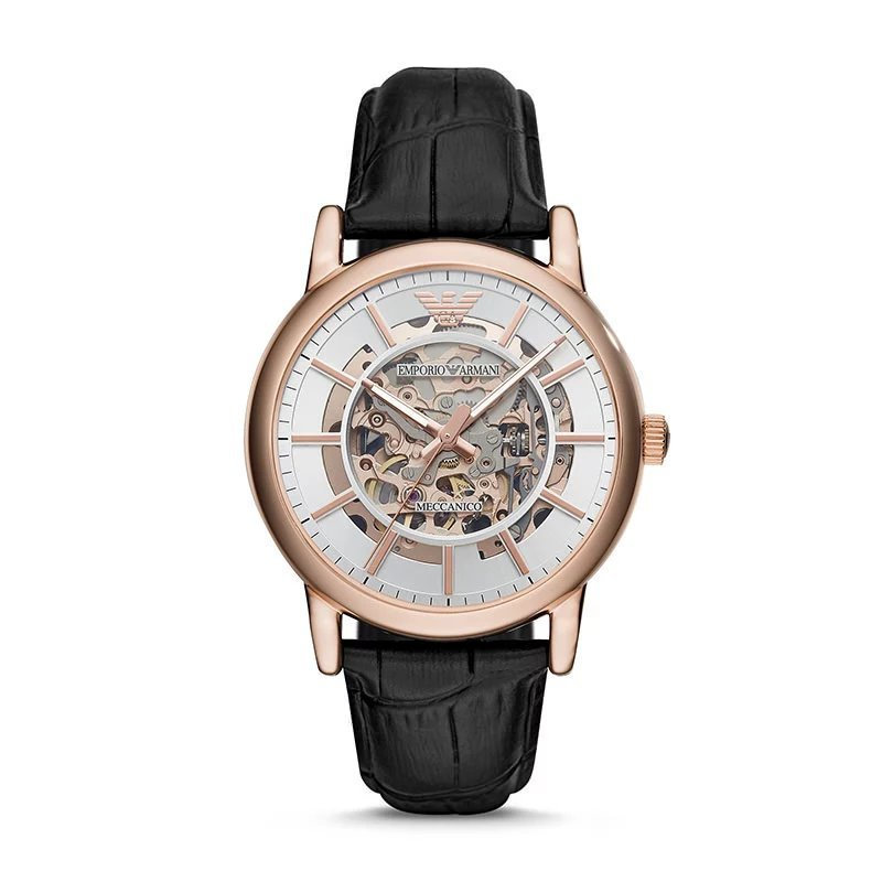 Armani (Emporio Armani) นาฬิกาผู้ชายสายหนังยุโรปอเมริกันนาฬิกาอัตโนมัติ Hollow Mechanical Mens Busin