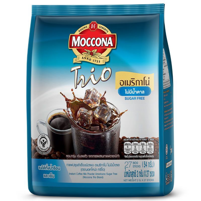 มอคโคน่าทรีโออเมริกาโน่กาแฟปรุงสำเร็จชนิดผงสูตรไม่มีน้ำตาล 2กรัม แพค 27ซอง Moccona Trio Sugar Free 2gX27