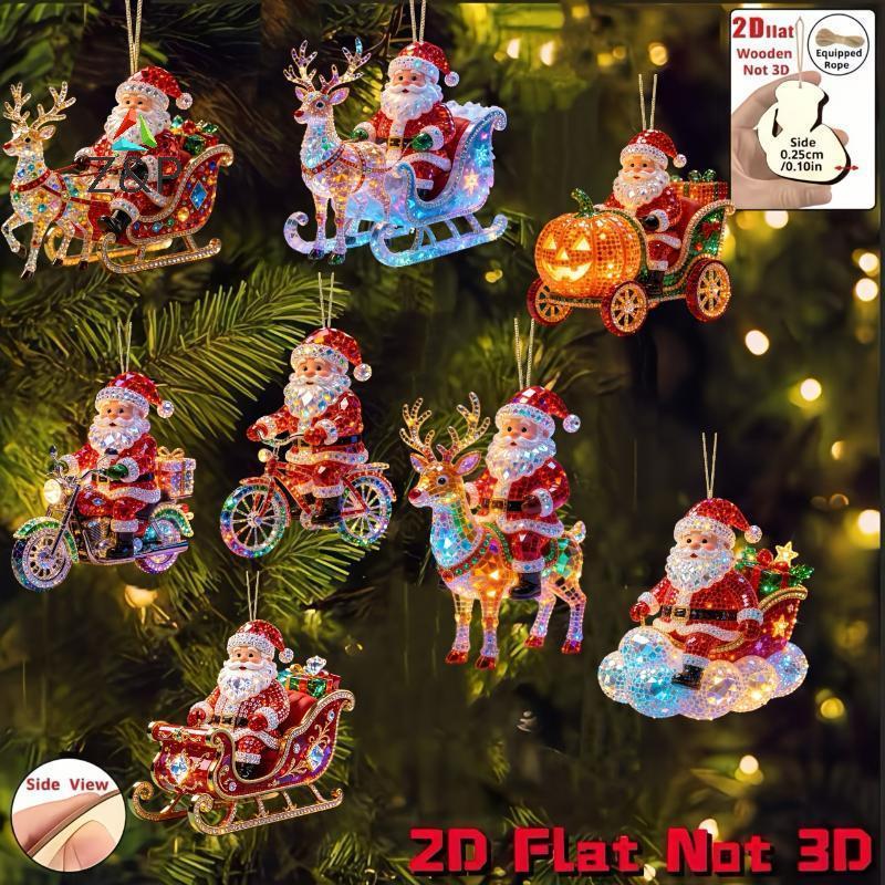Z & P 2D แบนคริสต์มาสจี้ไม้ 8 ชิ้นน่ารัก Santa Claus ขี่ยานพาหนะเครื่องประดับสําหรับ Home Holiday De
