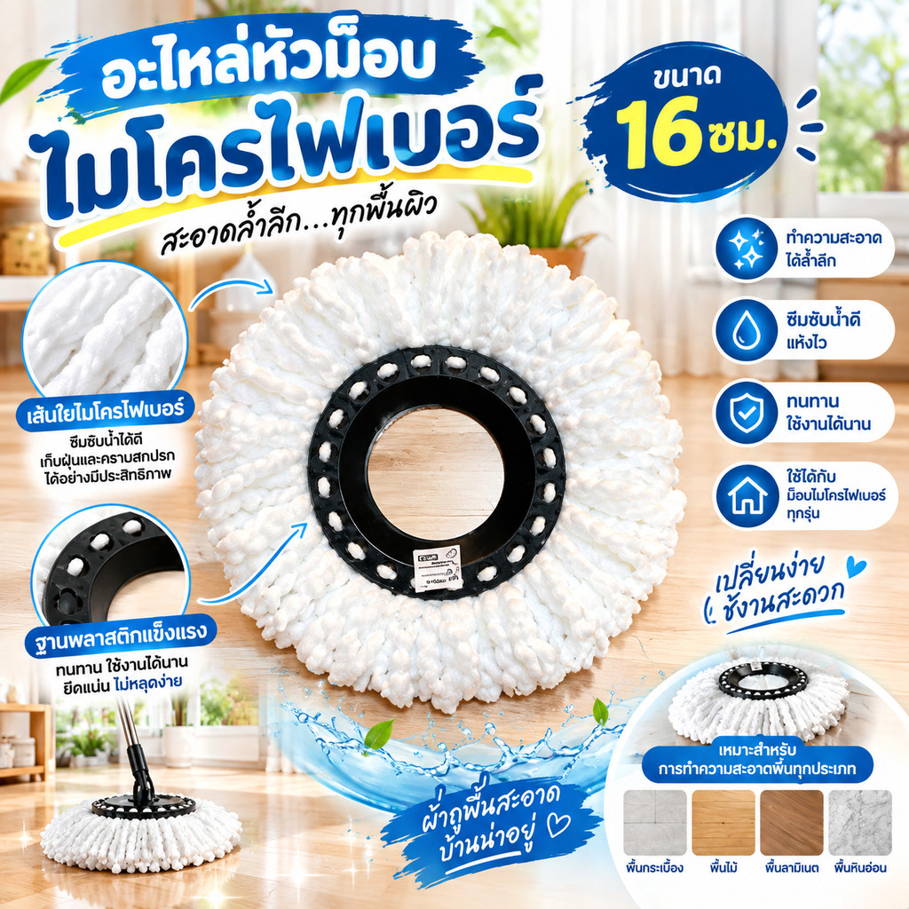 อะไหล่หัวม็อบไมโครไฟเบอร์ ขนาด 16 ซม. อะไหล่หัวม็อบ ผ้าถูพื้น