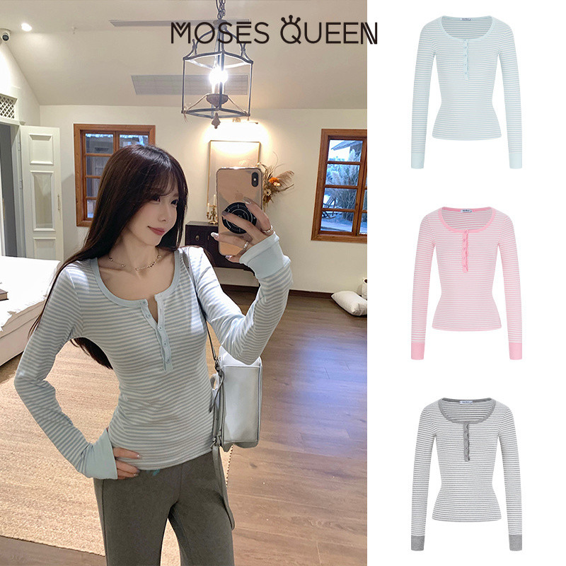 MOSESQUEEN تيشيرت نسائي مقلّم بأكمام طويلة وياقة مفتوحة — صورة 3