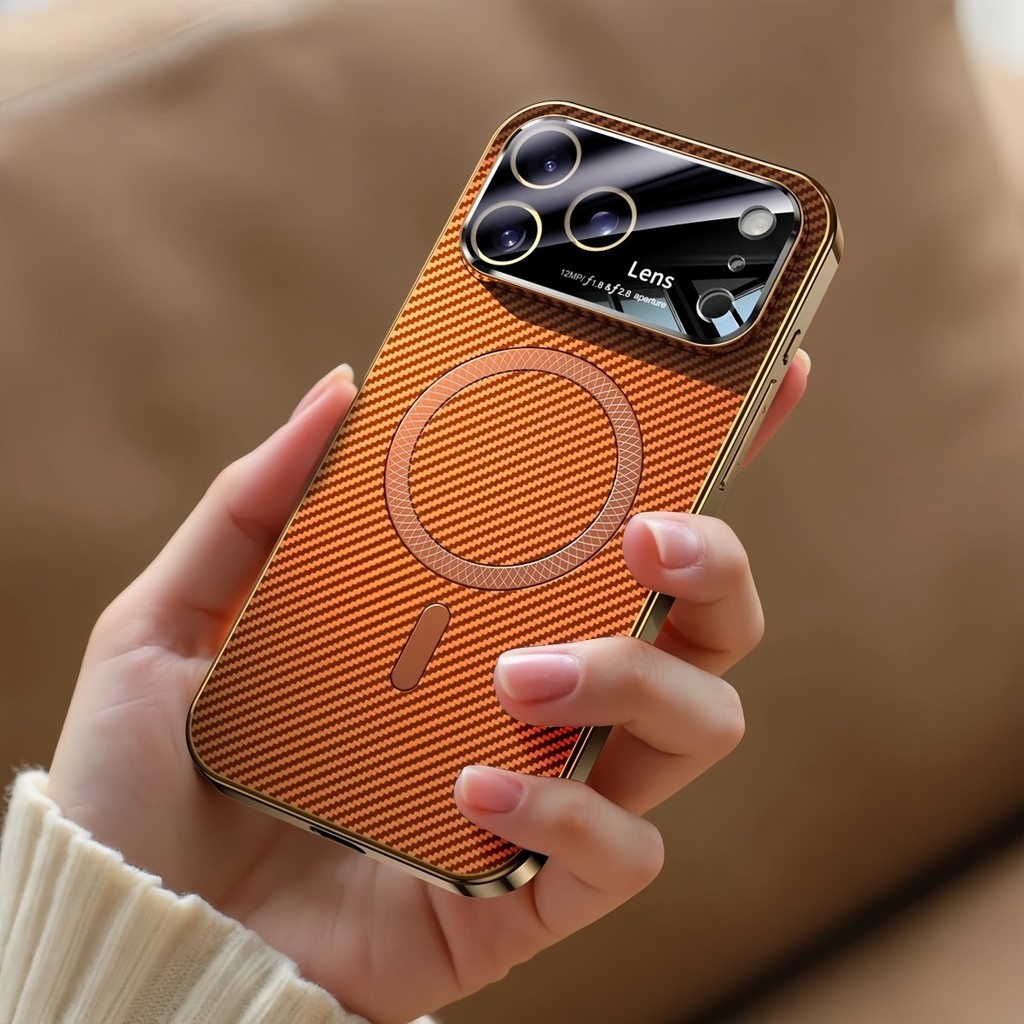 หรูหรา Cosmic สีส้มคาร์บอนไฟเบอร์แม่เหล็กเคสโทรศัพท์สําหรับ iPhone 14 15 16 17 Pro Max 17Pro 16Pro ไร้สาย Charing พรีเมี่ยมกันกระแทก Soft TPU Cover