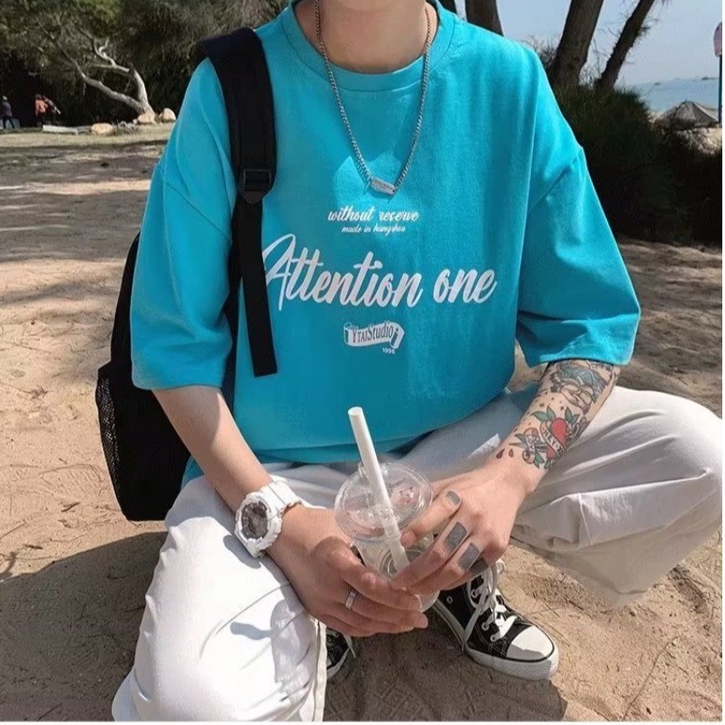 2025 NEW 2025ins Summer Fashion Trendy Brand Five-Quarter Sleeve Trendy T-Shirt Men Round Neck Youth