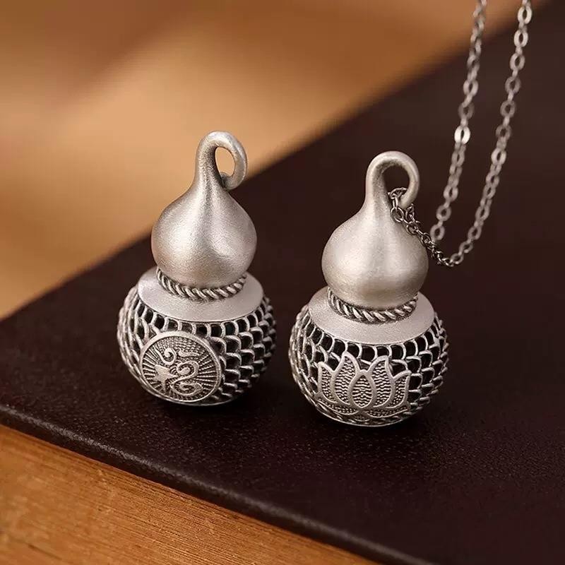Hot Sale#S999Pure Silver Vintage Personality Gourd Lotus Hollow Pendant Women's Collarbone Chain Nec