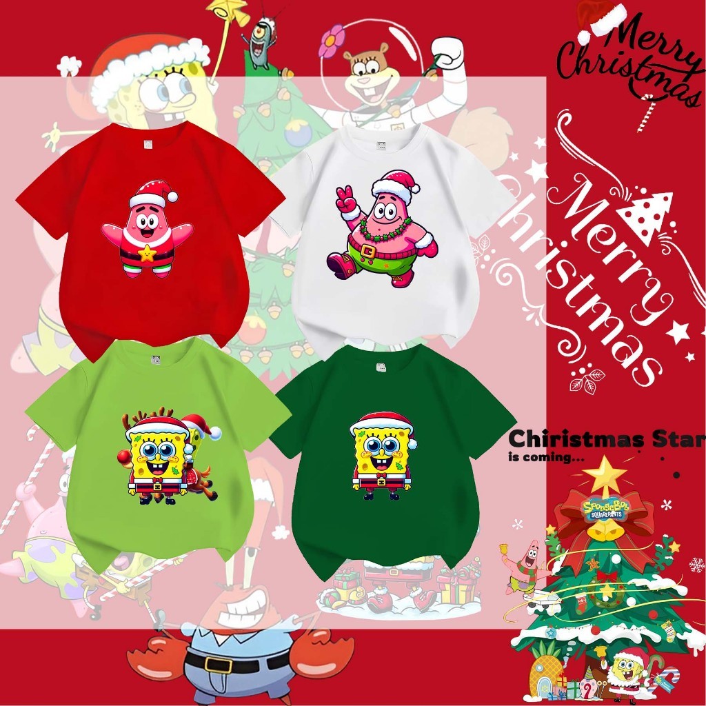 Spongebob Christmas เสื้อยืดพิมพ์รอบคอผ้าฝ้ายแท้ Unisex Merry Christmas & Happy New Year ioi5*-