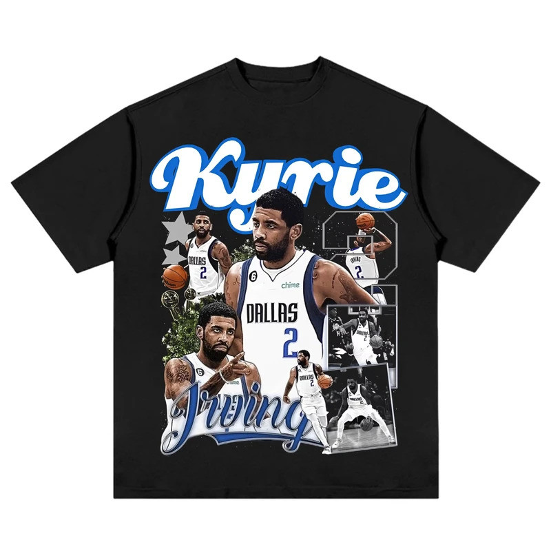 เสื้อยืดแขนสั้นพิมพ์ลาย American Retro Kyrie Irving สําหรับแฟนบาสเก็ตบอลหลวมฤดูร้อนสําหรับผู้ใหญ่และ