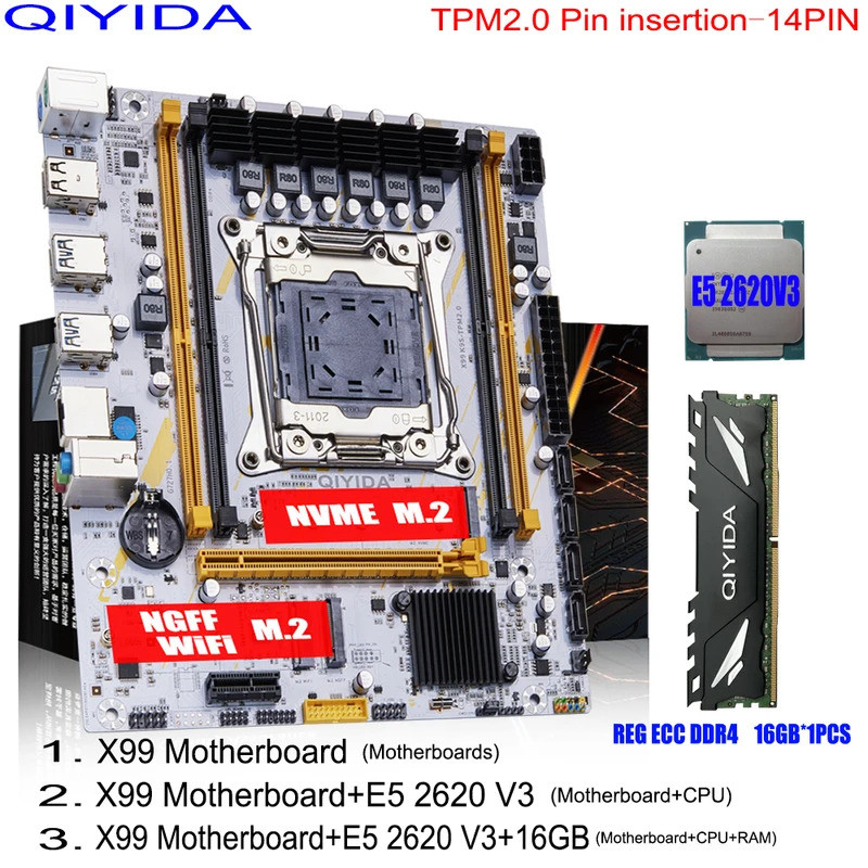 Qiyida X99 เมนบอร์ดชุด LGA2011 3 Xeon E5 2620 V3 DDR4 16GB REGECC หน่วยความจํา USB3.0 NVME M.2 NGFF 