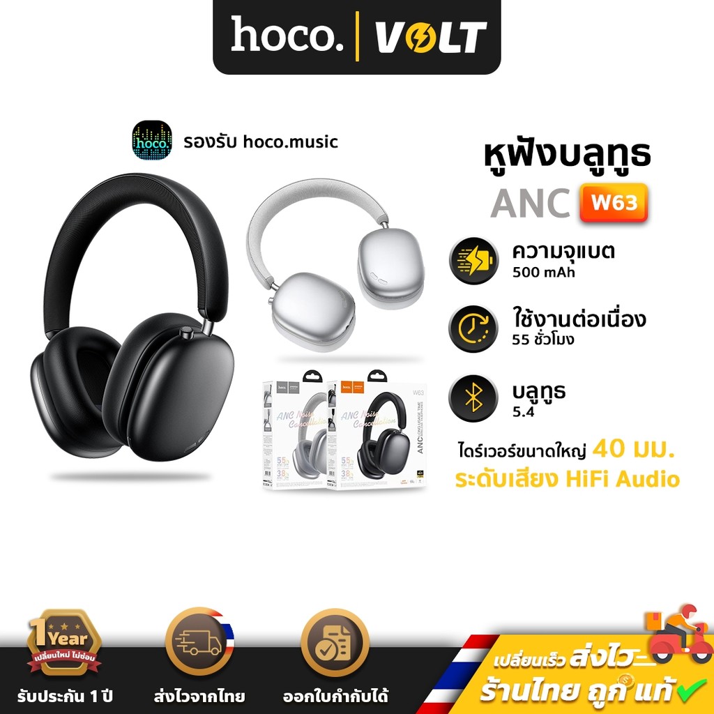 HOCO W63 หูฟังครอบหูบลูทูธ ระบบตัดเสียงรบกวน ANC  รองรับแอป hoco. Music App แบตใช้ได้ 55 ชม. เสียง H