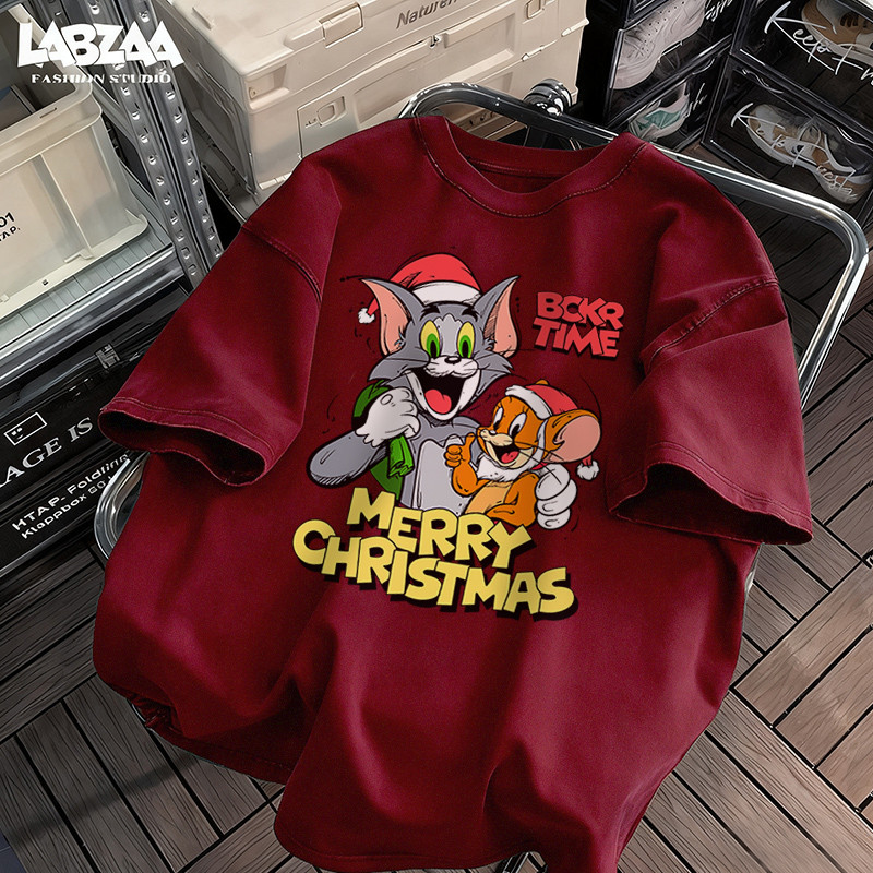 （จัดส่งตลอด 24 ชั่วโมง) สไตล์เกาหลี Christmas ลายพิมพ์การ์ตูนแมวกับหนู เสื้อยืดแขนสั้นคอกลม ผ้าฝ้าย YG3245