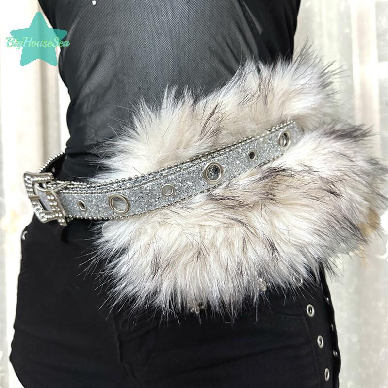 Vintage Faux หนัง Rhinestone เข็มขัด Y2K Furry Gothic Punk เซ็กซี่เข็มขัด Night Club เอวกางเกงยีนส์กางเกง Decor