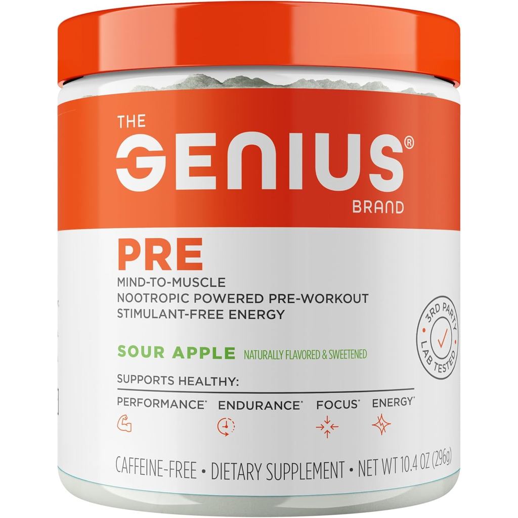 Genius Pre Workout Powder, Sour - All-Natural Nootropic Pre-Workout & Caffeine-Free Nitric Oxide Boo