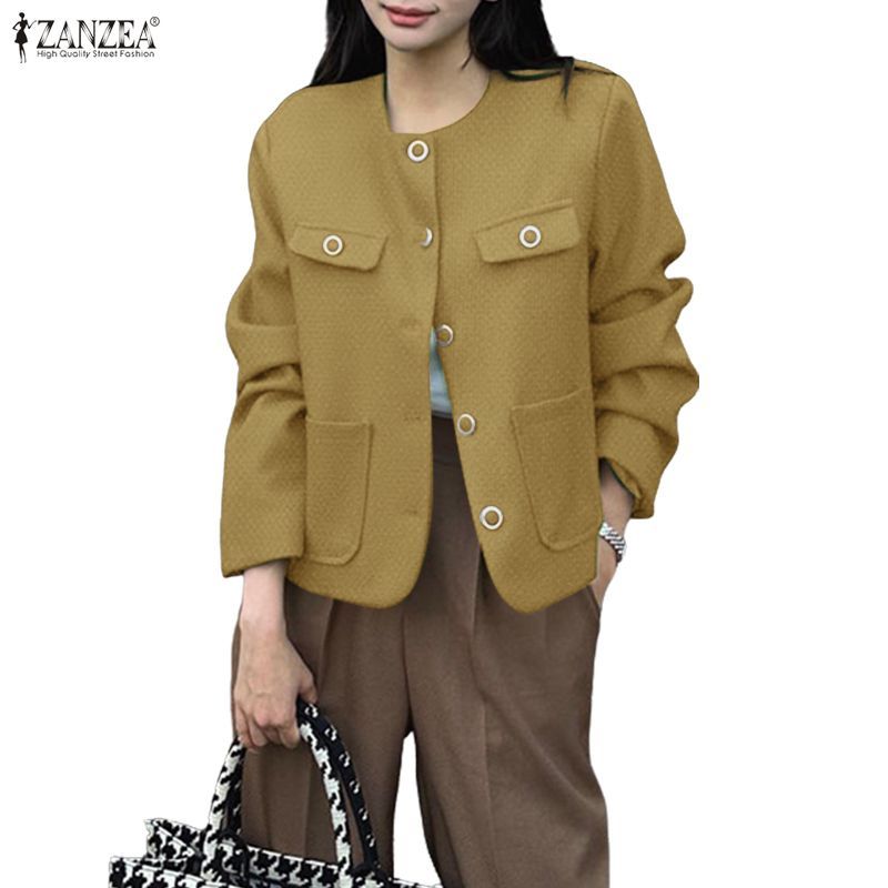 เบลาส์คอกลมแขนยาวสไตล์วินเทจเกาหลีสำหรับผู้หญิง