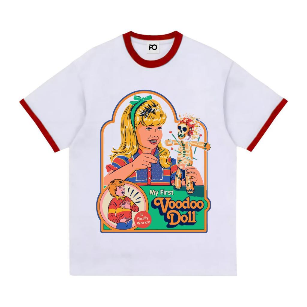 Cavenza Tshirt Vintage Ringer Tee Voodoo Doll เสื้อยืดแขนสั้นสีขาว Unisex