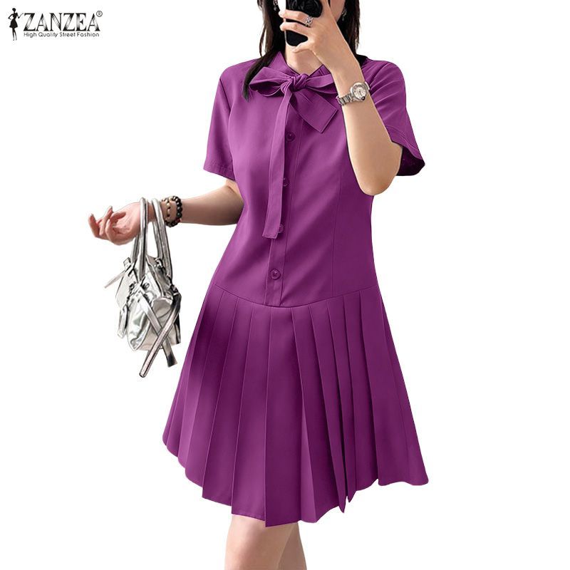 ZANZEA ชุดเดรสแขนสั้นสไตล์เกาหลีหรูหราสำหรับผู้หญิง