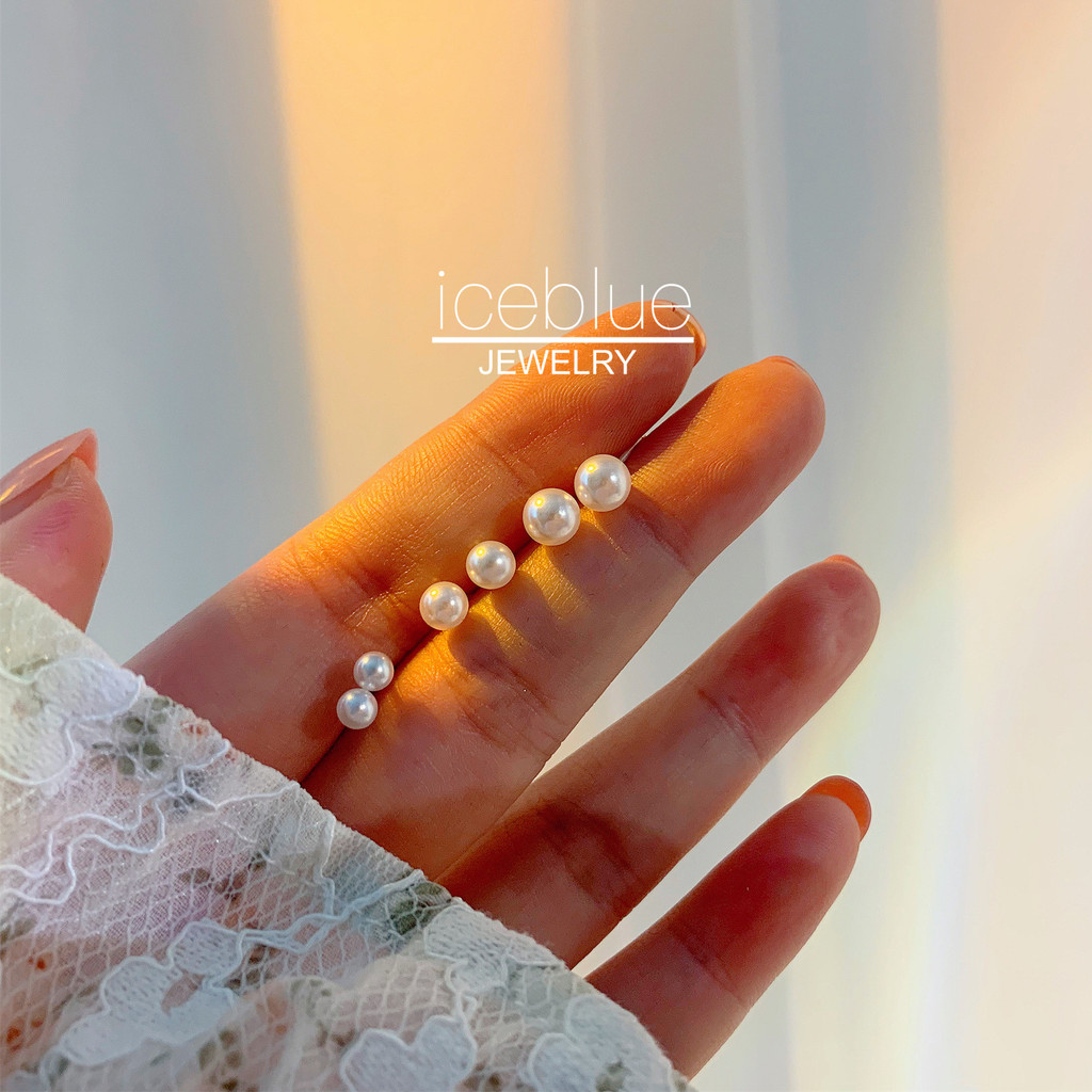 Iceblue-S925 เข็มเงิน 4-6 มม.Mini Pearl Stud ต่างหูทุกการแข่งขัน Elegant Hypoallergenic Pearl ต่างหูสําหรับผู้หญิง E122