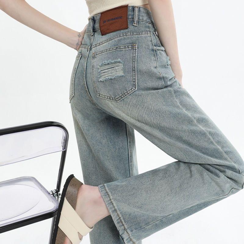 กางเกงยีนส์ขากว้างทรงแคบสีฟ้าอ่อนสำหรับผู้หญิงกางเกงขาตรงทรงหลวมและเพรียวบางดีไซน์ใหม่สำหรับฤดูใบไม้ผลิ