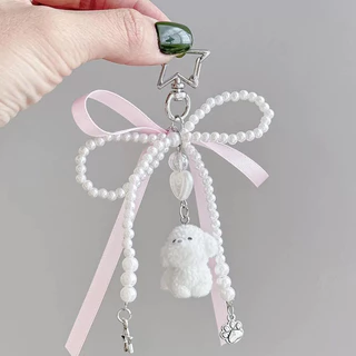 สายคล้องโทรศัพท์Flocking ลูกสุนัขมุกโบว์โทรศัพท์จี้น่ารักอเนกประสงค์โซ่โทรศัพท์พวงกุญแจหวานสายคล้องมือPhone Chain