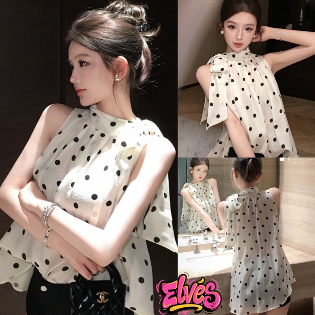 Elves พร้อมส่ง💟เสื้อแขนกุด ลายตุด ผ้าซีทรู สีครีม น่ารักๆ ผ้าทิ้งตัวเสื้อครอปสำหรับผู้หญิง"FY2916"