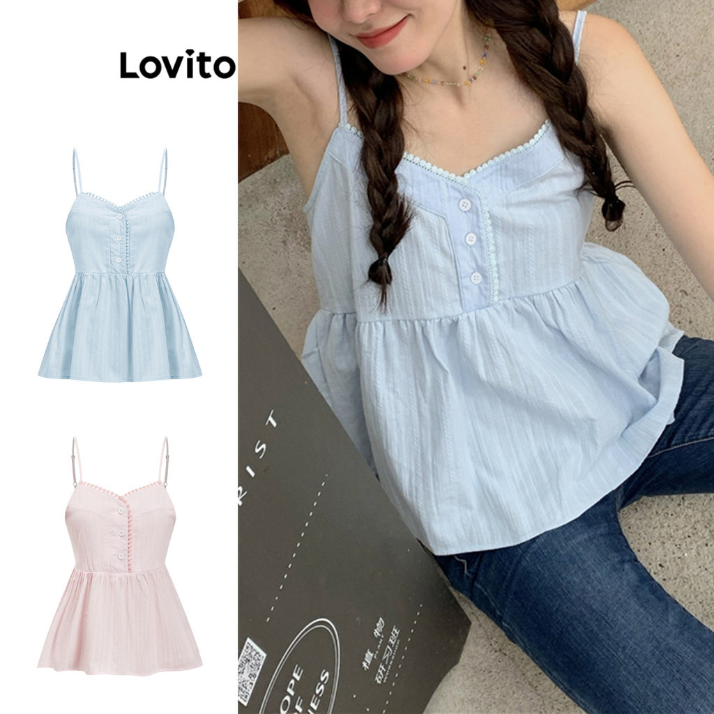 Lovito เสื้อกล้ามน่ารัก เสื้อกล้ามกระดุมคอระบายธรรมดาสําหรับผู้หญิง L79AD025 (หลากสี)