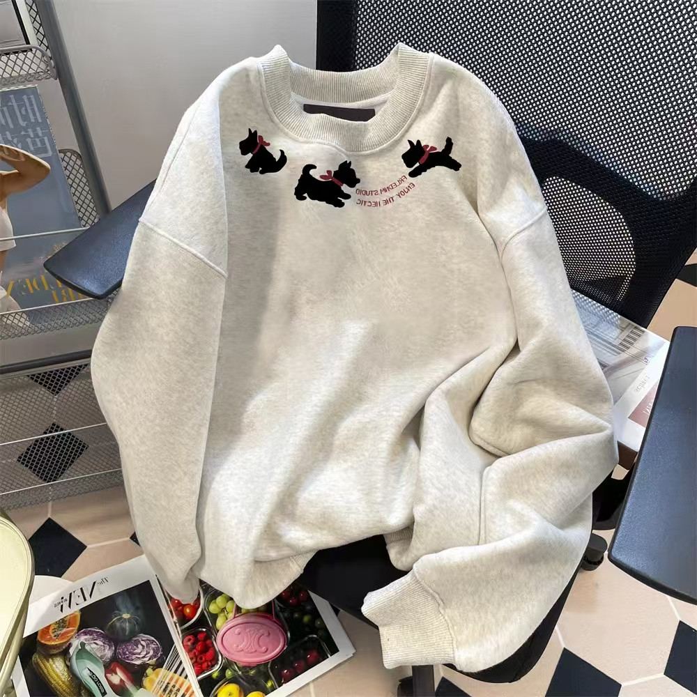 COD✅ (จัดส่งในกรุงเทพฯ)  หมาเฉพาะกลุ่มเย็บปักถักร้อย Hoodless เสื้อกันหนาวหลวมพอดีวินเทจน่ารักด้านบน - รูปที่ 4