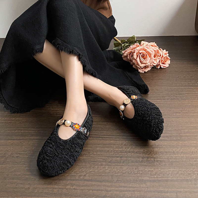 Winter Fleece-Lined Thickened Lamb Wool Shoes Mary Jane Belt Buckle Fluffy Shoes exK1