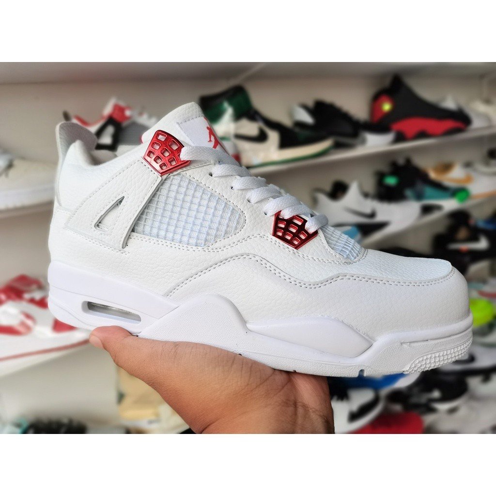 รองเท้า Jordans โมเดล 4 สีขาวและแดง สำหรับทุกวัย