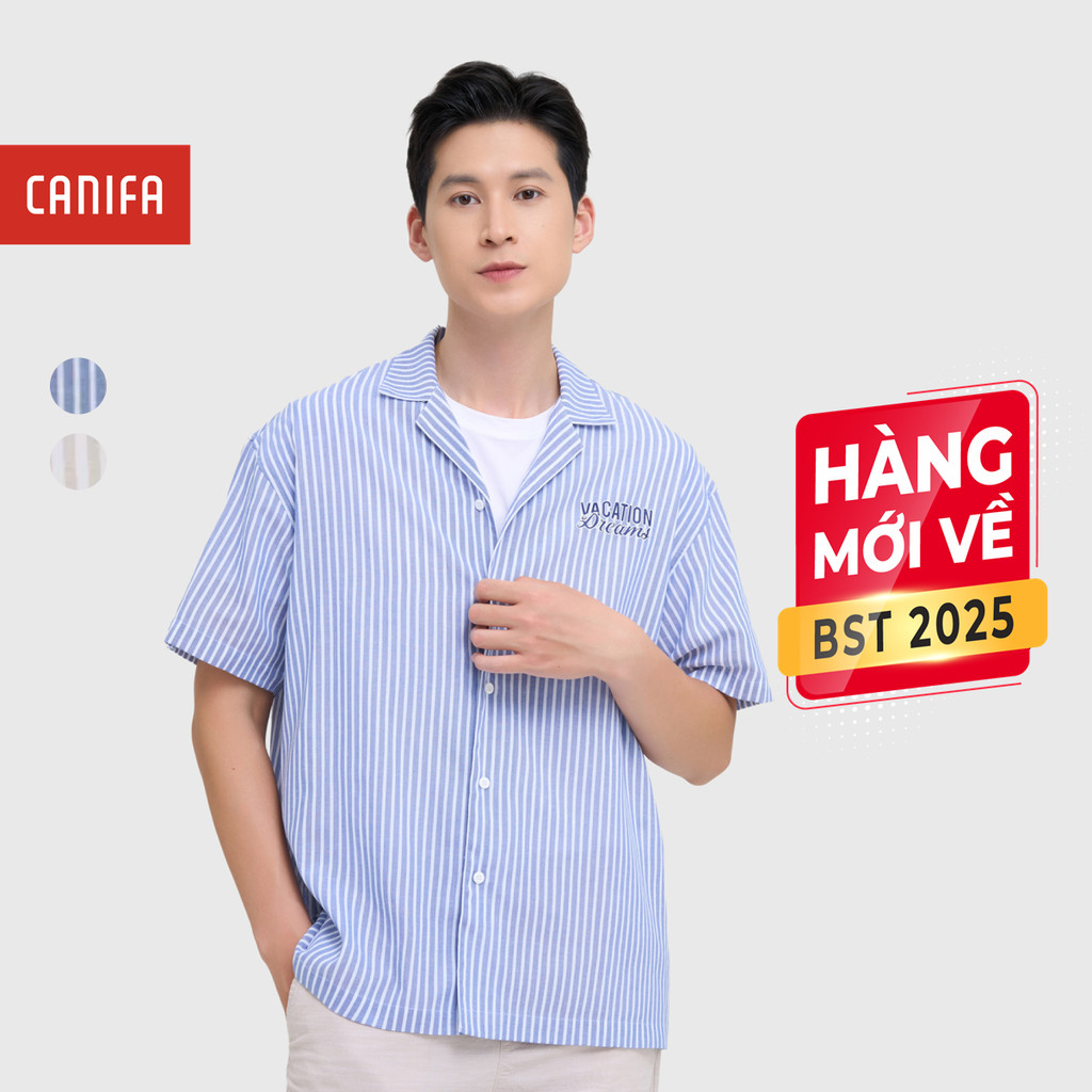 CANIFA เสื้อเชิ้ตแขนสั้นผู้ชายคอปกลายทาง 8TH25S007
