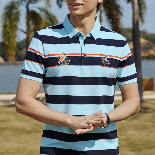 G1GH Retro Casual Men's Striped Short Sleeve T Men's Striped Turn-Down Collar Shirt t Men's T-shirt 