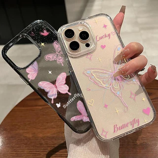เคสใสแบบแวววาว TPU นุ่มสีสันสดใส ผีเสื้อสีสันสดใสน่ารัก For iPhone 11 13 15 16 14 12 Pro Max 7Plus 15 8 6 14 Plus XR XS