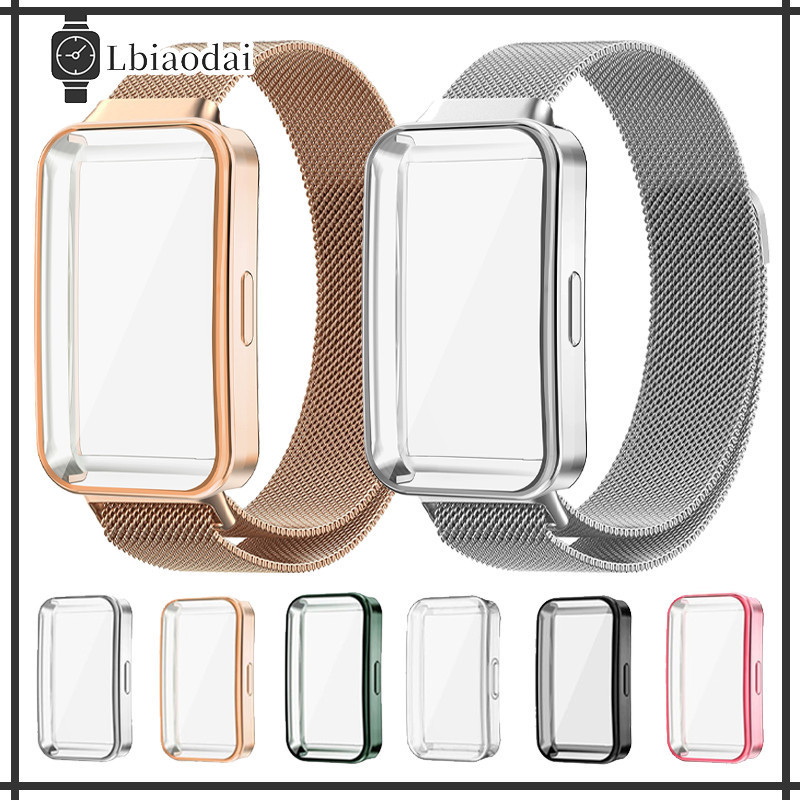 เคส TPU สายรัดแม่เหล็กแบบลูปมิลาน for Huawei Band 10 9 8 NFC กีฬาสแตนเลสแบนด์โลหะอุปกรณ์ปกป้องหน้าจออ่อน for Huawei Band