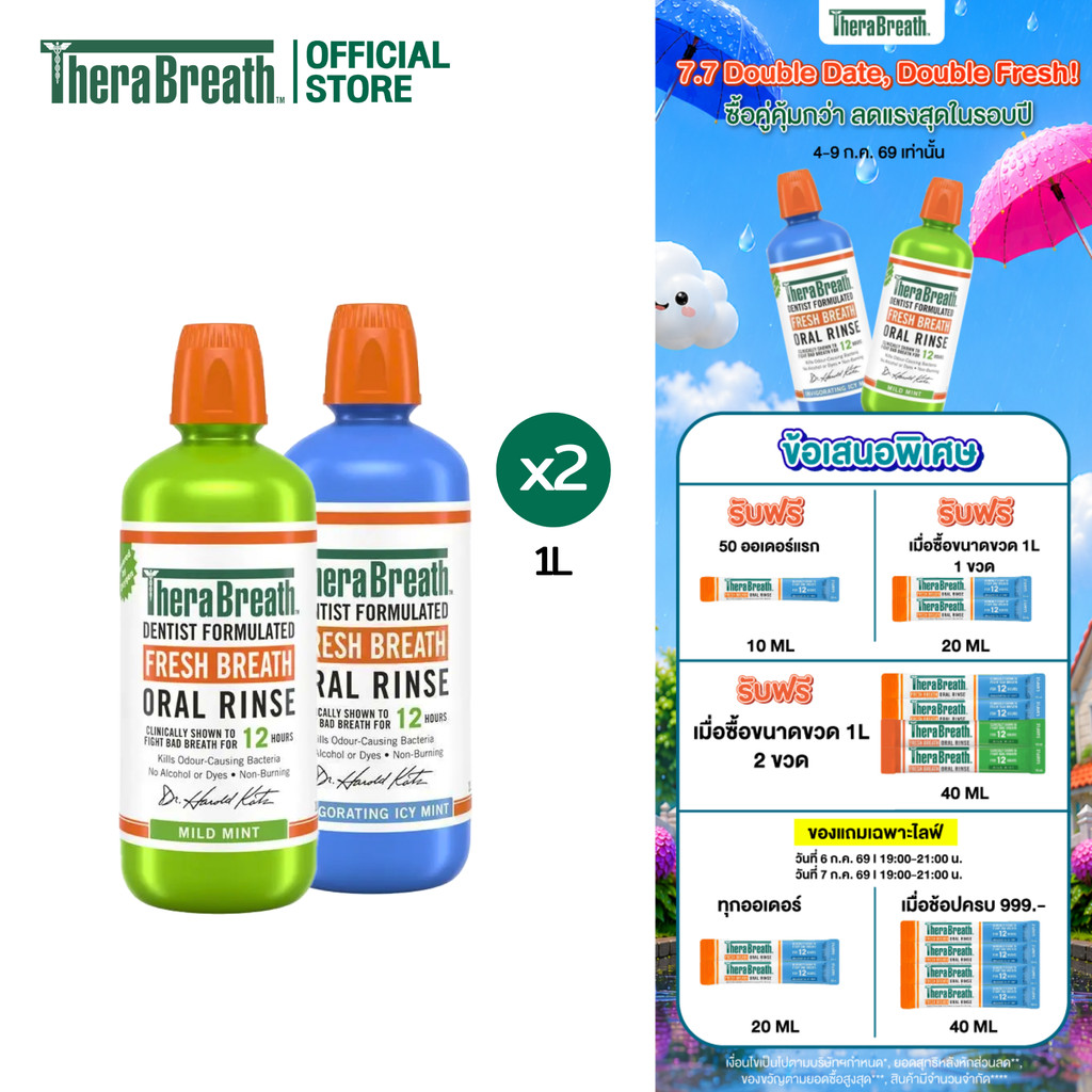 [แพ็คคู่] TheraBreath 1L สูตร Mild Mint x Invigorating Icy Mint - Mouthwash น้ำยาบ้วนปาก ลดกลิ่นปาก ไม่มีแอลกอฮอล์