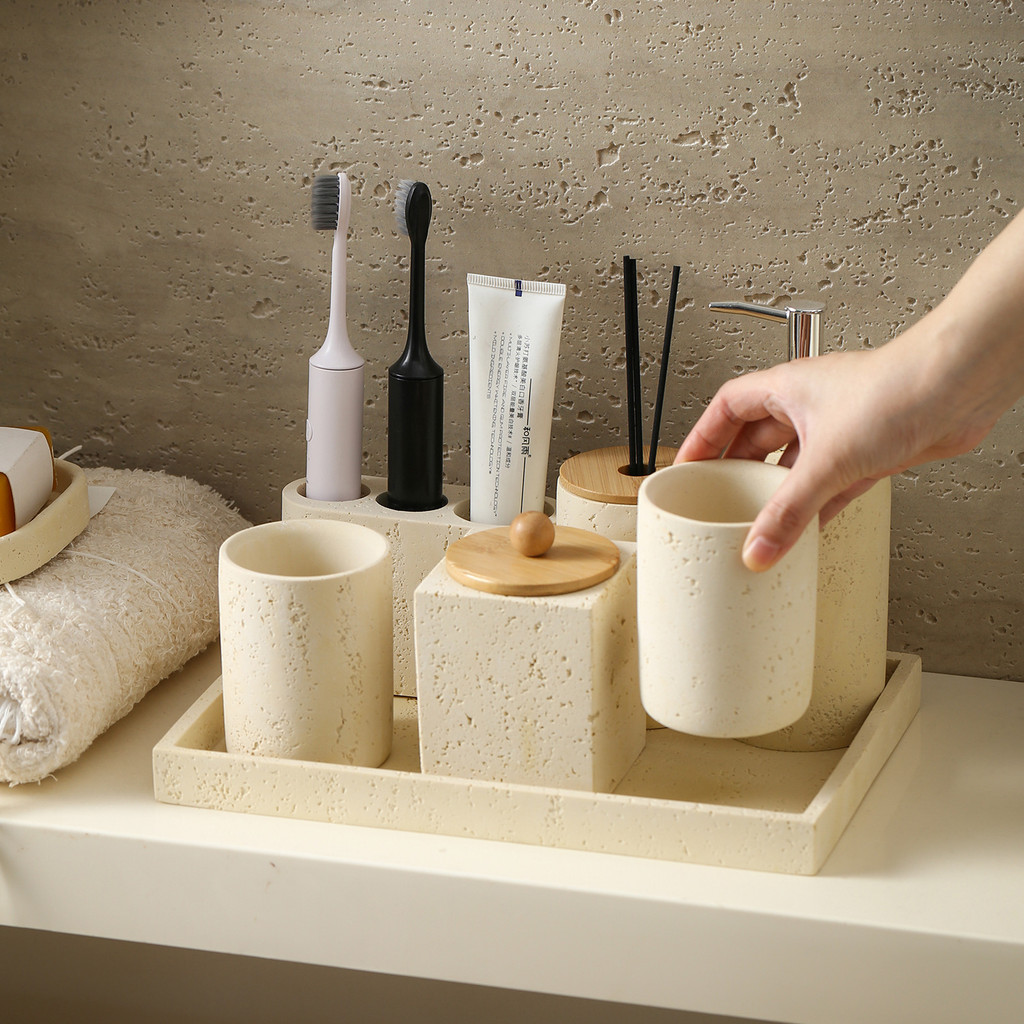 Silent Wind Cave Stone Storage ชุดเจ็ดชิ้นน้ํายาบ้วนปากถ้วยแปรงสีฟันผู้ถือขวดโลชั่น Dispersing กลิ่นหอมจานสบู่ถาด Washstand RB5W