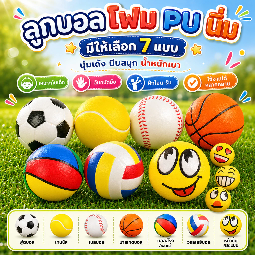 ลูกบอลฟองน้ำ PU นุ่มเด้ง บีบสนุก ลูกบอลกีฬาเล็ก 6.3ซม. มีหลายแบบ ฟุตบอล บาส เทนนิส เบสบอล ของเล่นเด็ก/ฝึกมือ/จัดกิจกรรม